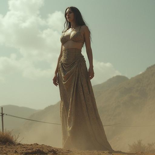 Colossal giantess in traditional attire standing in a desolate landscape. Woman appears large against mountains. Dusty setting shows a sense of scale.