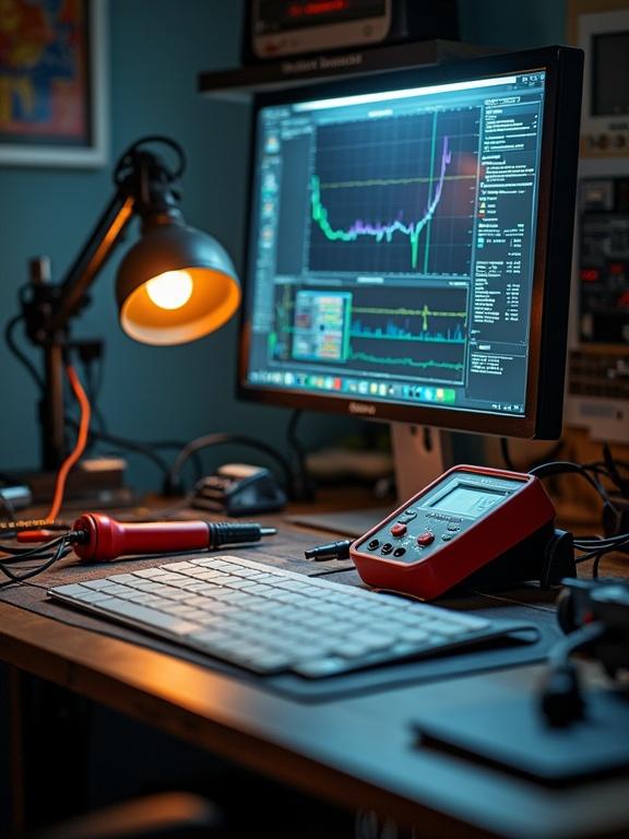 An electronic engineering desk is set up with tools for work. A soldering iron and multimeter are placed on the desk. A computer monitor is in the background displaying electronic data charts and graphs.