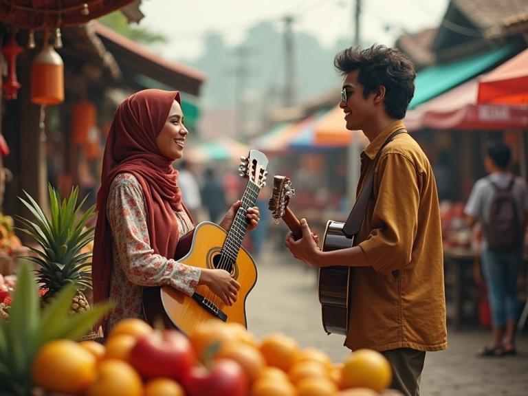 HyperRealistic image of a bustling open-air marketplace filled with colorful stalls and vibrant energy. Two young Indonesian people engaged in music. A beautiful woman in a hijab sings powerfully while a handsome young man plays guitar. They are surrounded by tropical fruits and lively market scenes. The atmosphere has a 70s vibe with colorful food stalls.