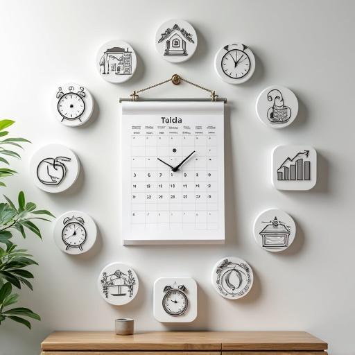 Wall decor featuring a calendar and multiple clocks. Clocks display various icons representing time activities like alarm and sleep. Made in an Indian design style.