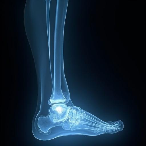 Generate an x-ray image of an ankle joint with clear visibility of bones and joint structure