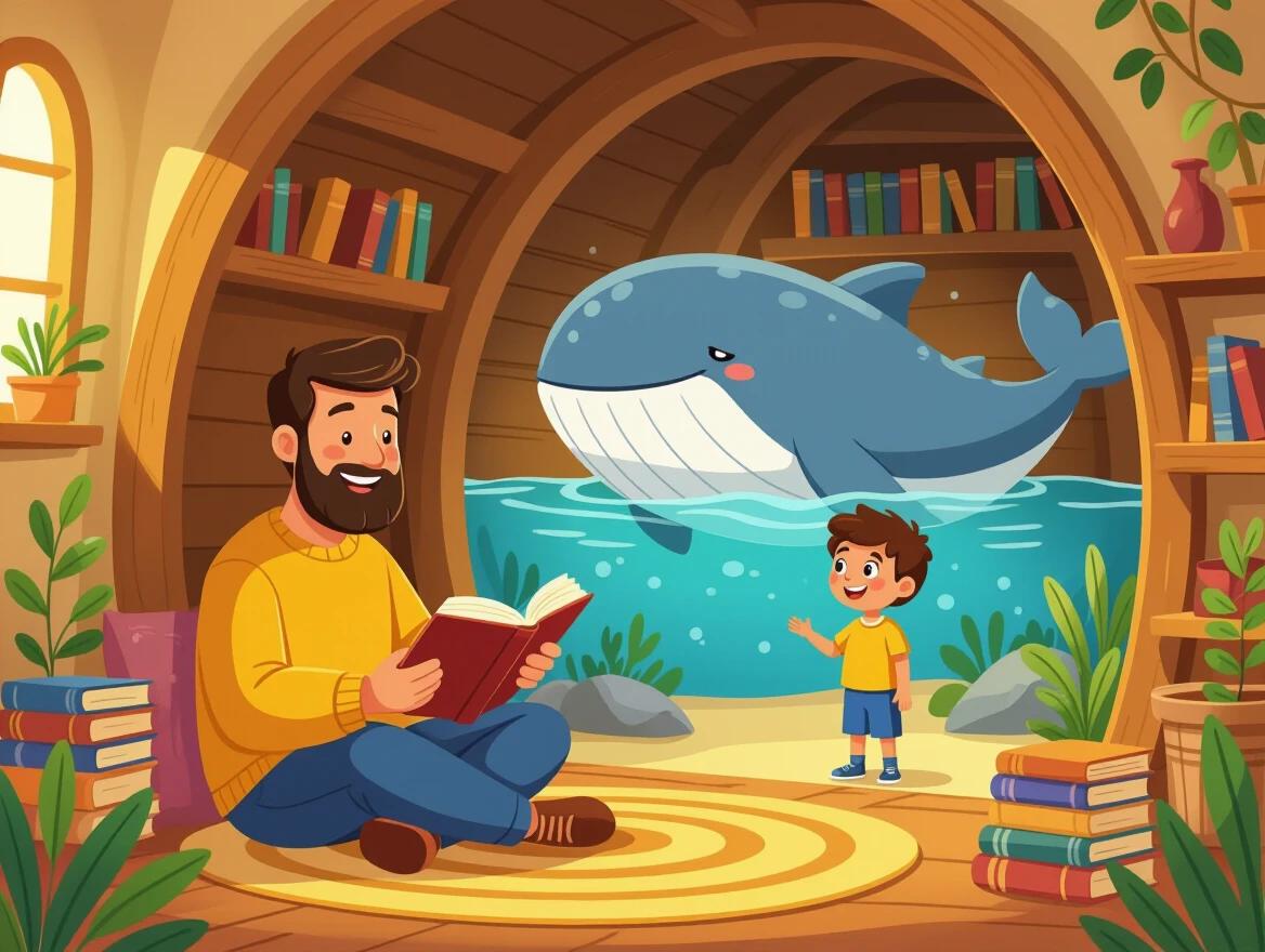 Illustration features a cozy reading corner. Friendly storyteller holds an open book. A gentle whale-like fish swims in an ocean backdrop. Child stands nearby looking amazed. Warm, inviting atmosphere with soft lighting. Decorative plants and children's Bible storybooks are present. Cartoon-like art style presents smooth outlines and vivid colors.