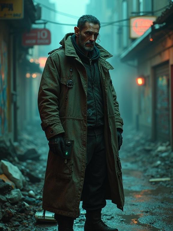 A cyberpunk refugee stands in a dark alley of futuristic Berlin. Wearing a long trench coat and displaying glowing cybernetic implants. The surroundings are filled with trash and graffiti under ambient neon lights. Steam rises from the pavement. The character's expression shows resilience despite hardship.