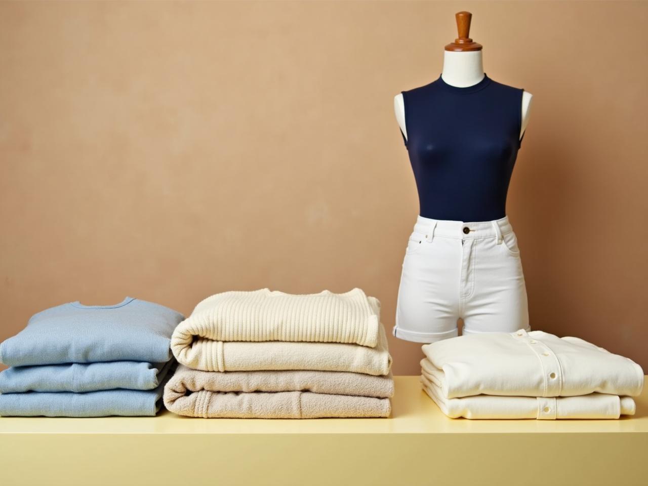 The focus of the image is on a stylish clothing display featuring a mannequin dressed in a navy sleeveless top and white shorts. Surrounding the mannequin, various folded garments are neatly arranged on a light yellow table. These include light-colored sweaters and pants, showcasing a palette of soft tones like beige, light blue, and cream. The background is transformed into a clean, light brown stucco, creating a warm and inviting atmosphere. The lighting is enhanced for sharpness, highlighting the textures and colors of the clothing, giving the image a fresh, vibrant look.