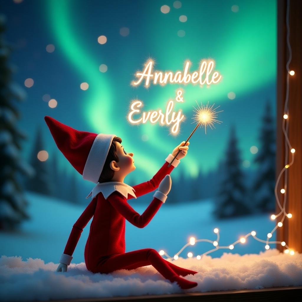 This image captures a charming scene featuring a girl elf on the shelf. The elf is dressed in a classic red outfit and is positioned with its back to the viewer. It gazes upwards towards a captivating sky illuminated by vibrant northern lights. In one hand, the elf holds a magic wand, which it uses to elegantly write the names Annabelle and Everly in sparkling letters above. The snowy ground enhances the serene and magical atmosphere of this holiday moment.