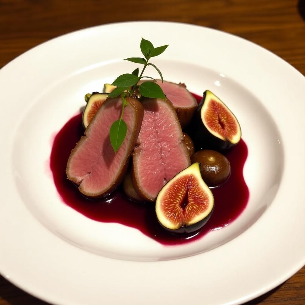 Duck breast served with beetroot sauce and quartered figs. King oyster mushrooms placed around the dish. Gorgeous presentation on a white plate.