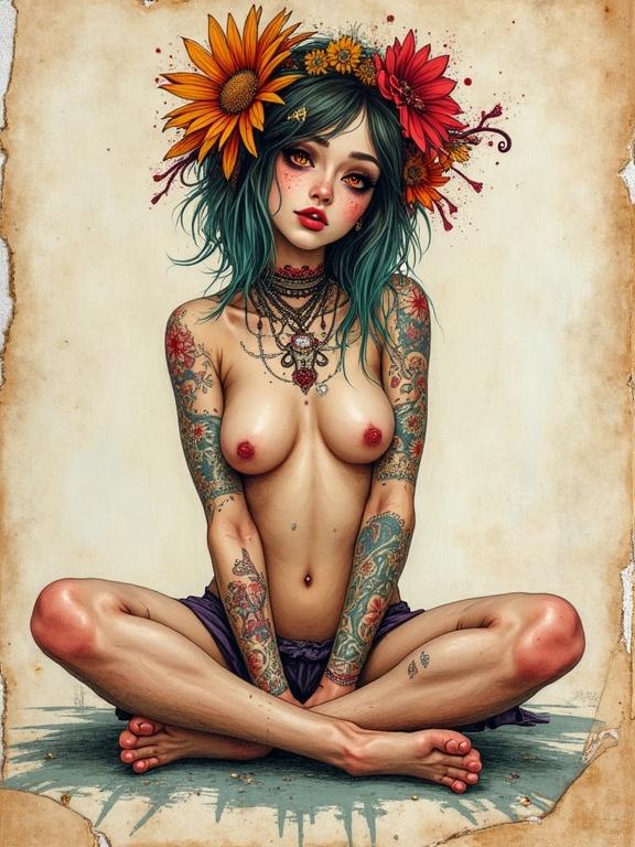 Vibrant naked body punky girl sitting with open legs. Parchment sketch with polychromatic colors. Aged edges with fire-damaged look. Girl features expressive kaleidoscope eyes, tattoos, and piercings.