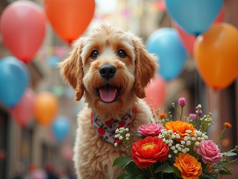 A cute dog with flowers and colorful balloons in a festive atmosphere. The dog looks happy and joyful.