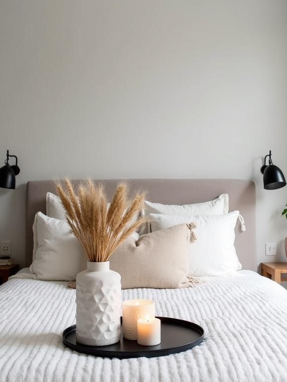 Photograph shows a cozy bedroom in minimalistic style. Bed features a white quilted bedspread and multiple pillows in beige and white. A white vase holds dried wheat stalks. A black metal tray with lit candles is present. Soft warm light from the candles enhances the ambiance. Black wall-mounted lamps flank the bed. Background is a light gray wall. Decor is modern and simple, creating a calming atmosphere. Natural light indicates daytime. Bed is centered, with a focus on pillows and tray in the foreground. Overall setting is serene and peaceful with no people.
