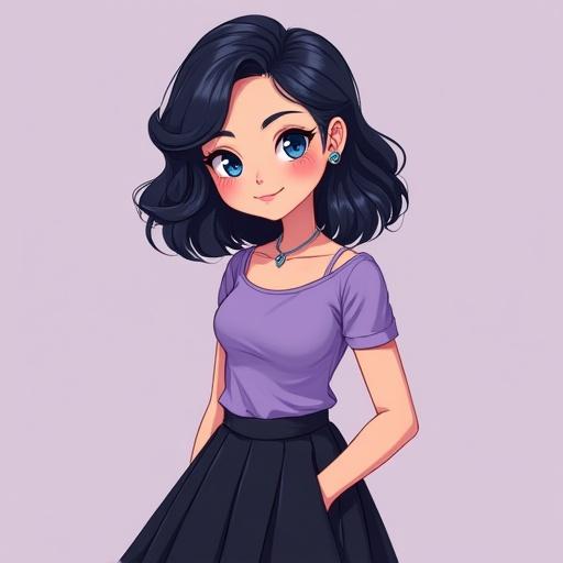 Young stylized character with a sweet face. Anime/semi-realistic style. Clear and smooth skin. Bright blue large eyes. Pink small lips. Long smooth black hair with bangs. Wearing a lilac short top and high waisted black skirt. Curvy figure with accentuated waist. Wearing knee-high white socks and simple necklace.