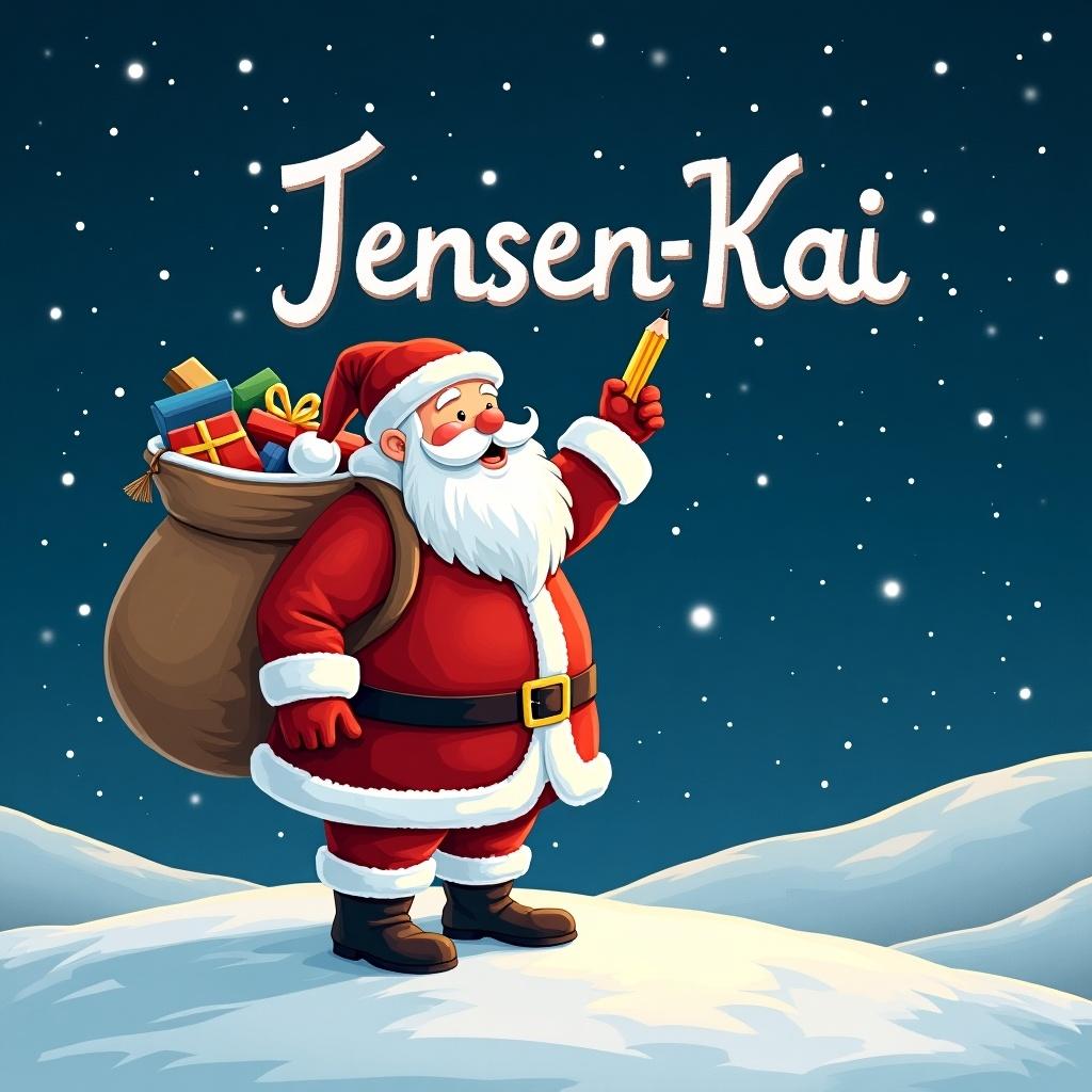 Santa Claus stands on a snowy hill under a starry night sky. He writes names in the sky with a pencil. Santa is in red and white attire. A large sack of gifts rests on his back. The name 'Jensen-Kai' is in a whimsical font.