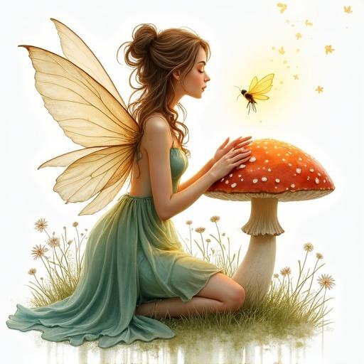 An elegant adult fairy kneeling on a dewy mushroom while wearing a flowing silk gown. She reaches out to touch a glowing firefly. The style is hyper-realistic watercolor with a transparent background.