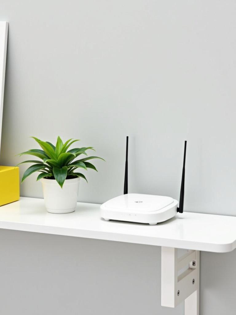 White shelf displays a wireless router and a potted plant. The plant has green leaves in a white pot. The background is a light gray wall featuring a yellow object. The setup balances technology with nature.