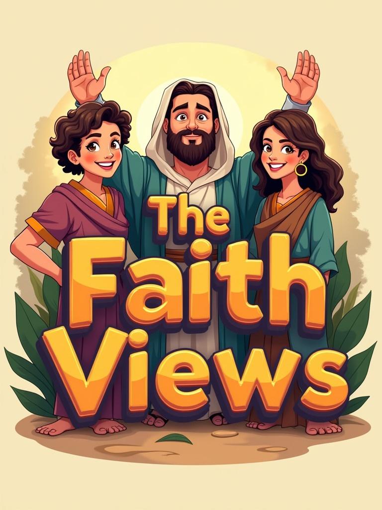 Cheerful hyper-realistic logo for YouTube channel titled The Faith Views. Themes from ancient Bible times. Cartoon characters both male and female. Playful imagery related to the Bible. Text positioned prominently. Use vibrant colors to attract viewers. Convey positive atmosphere.