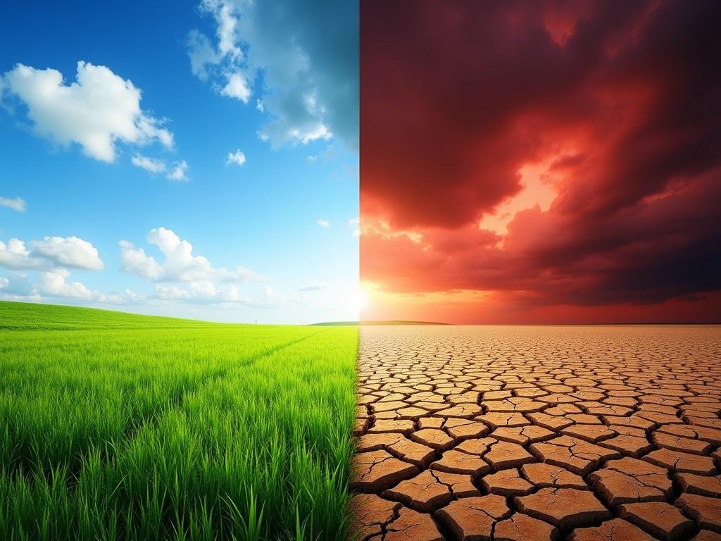 The image is a split-screen representation of two contrasting environments. The left side shows a vibrant, green grassy field under a bright blue sky with scattered white clouds, symbolizing a healthy and thriving ecosystem. In stark contrast, the right side depicts a barren, cracked, and dry land under a dark, ominous red sky with heavy clouds, symbolizing a drought-stricken or devastated environment. This striking visual highlights the effects of climate change or environmental degradation. The colors used intensify the difference between the two sides, making the viewer reflect on the impacts of human activity on nature.