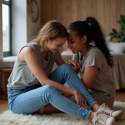 Two young women interacting indoors on wooden floor. One girl inspects the soles of the other girl's shoes. Natural light coming from window emphasizes casual atmosphere.