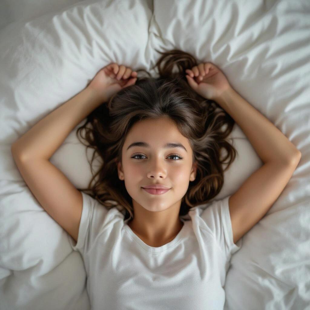 A girl lying face-up on a bed with her arms above her head. She has a shy expression and is captured from above.