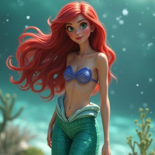 Photo very detailed realistic of a girl similar to Ariel from Disney. Real-life characteristics, full body view, emphasizing long legs and delicate feet. Styled like an Instagram influencer, no 3D elements, no cartoon aspects.