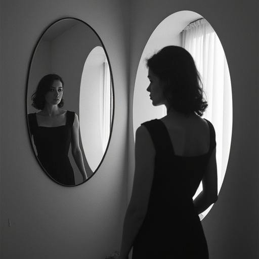 Black and white photograph showing a person in an elegant pose. Scene includes a mirror and a window. Soft, natural light. Poetic, minimal, and simple aesthetic.