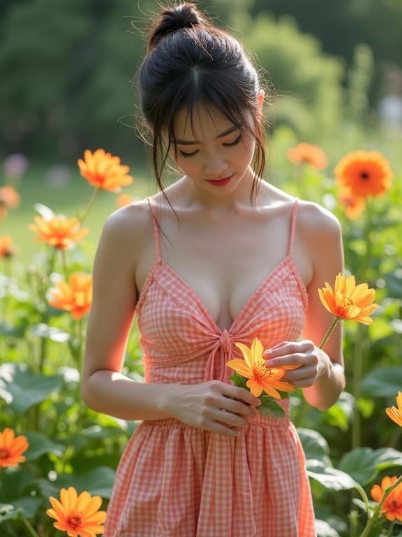 Japanese woman in a garden picking flowers. The scene has bright orange flowers surrounding her. She wears a pink checked dress and has a relaxed pose. The atmosphere is cheerful and vibrant.