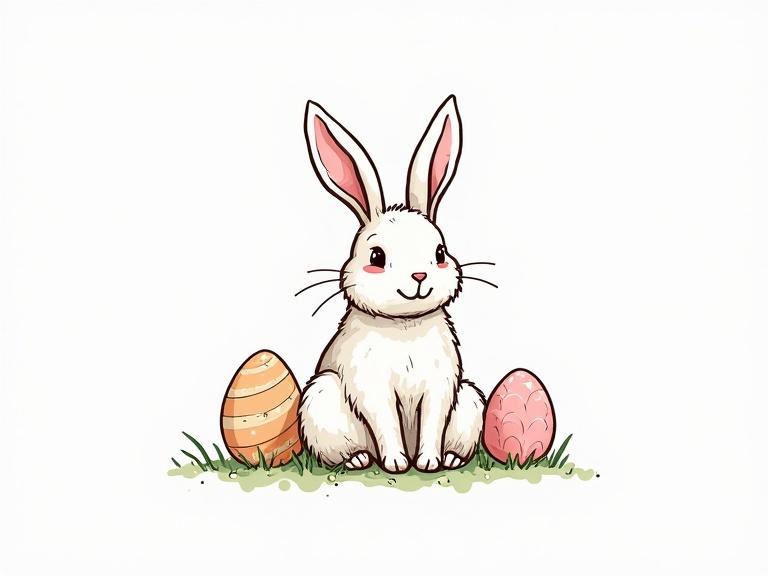 Illustration of a happy Easter bunny surrounded by colorful eggs on grass