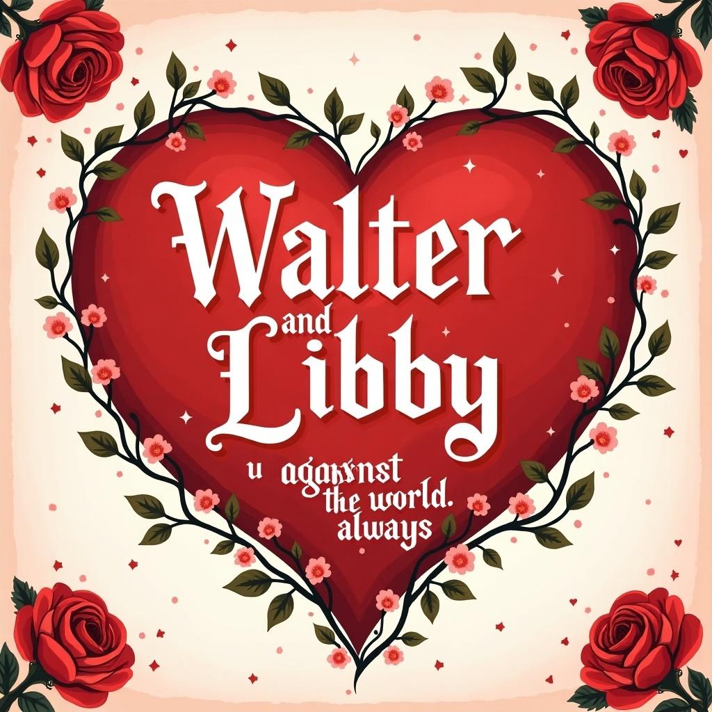 Image features a red heart with flowers and vines. Bold white old English font shows 'Walter and Libby'. Below, smaller playful script reads 'us against the world, always'. Background has a subtle pink texture. Corners are decorated with big blooming roses.