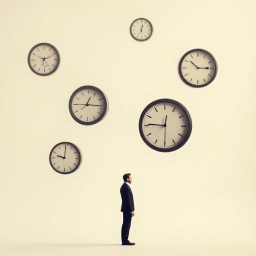 Minimalist tiny man surrounded by giant floating vintage clocks. Elegant composition with vast negative space. Clean background creates a surreal atmosphere. Poetic tone with a contemporary aesthetic.