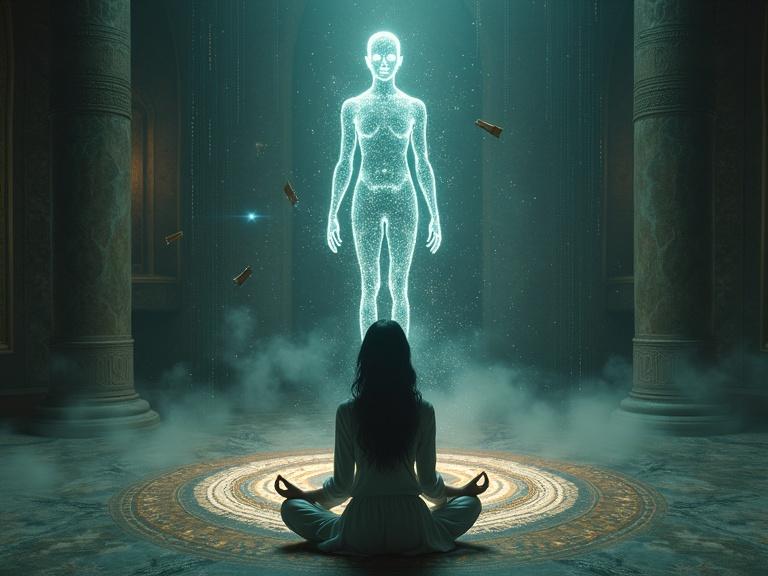 Create a photorealistic and surreal image designed as an eye-catching magazine cover. Explore the concept of a tulpa. Show a woman in meditation. Blend modern apartment with an ancient monastery. Luminous humanoid form hovers. Use flowing light and fragmented textures. Include visual metaphors like digital code and mandala patterns. Create soft, mysterious lighting. Capture the essence of loneliness and connection in a digital world.
