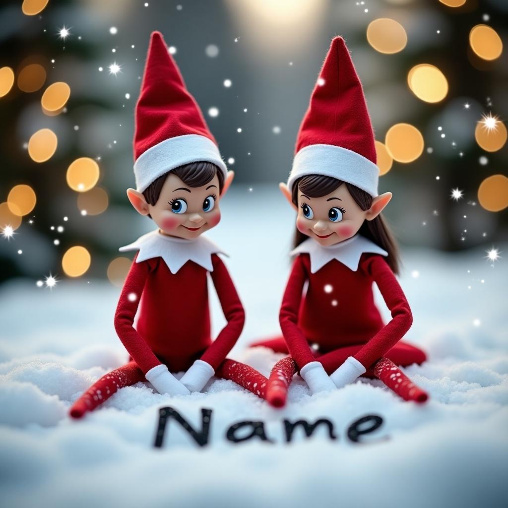 Two Elf on the Shelf figurines sitting in snow. One is a boy, the other a girl. Both in red outfits with pointed hats. They write names in the snow. Soft snowflakes fall around. Twinkling lights and trees in background create a cozy atmosphere.