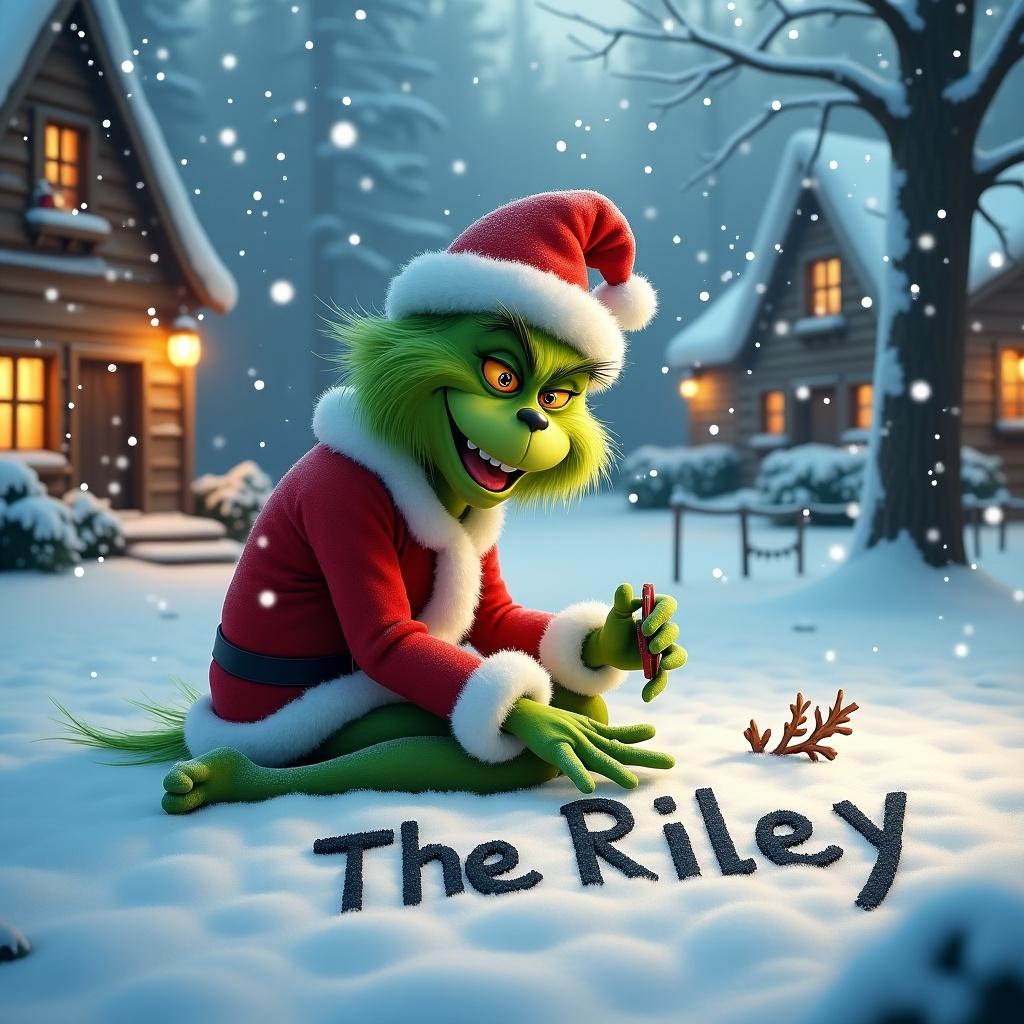 Grinch writing The Riley in the snow. Grinch in red and white outfit. Snowy landscape. Writing in freshly fallen snow. Snowflakes cascading. Joyful expression. Surrounded by cozy cottages. Magical holiday atmosphere.