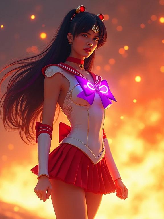 Princess Sailor Mars stands confidently in a high-tech version of her sailor uniform. The outfit features a white blouse with a purple bow and red miniskirt that glows. Long black hair flows in the wind, while she poses with clenched fists in front of a vivid flame background. Her look is complemented by red heels, indicating elegance and power. The scene conveys strength and determination through the fiery ambiance.