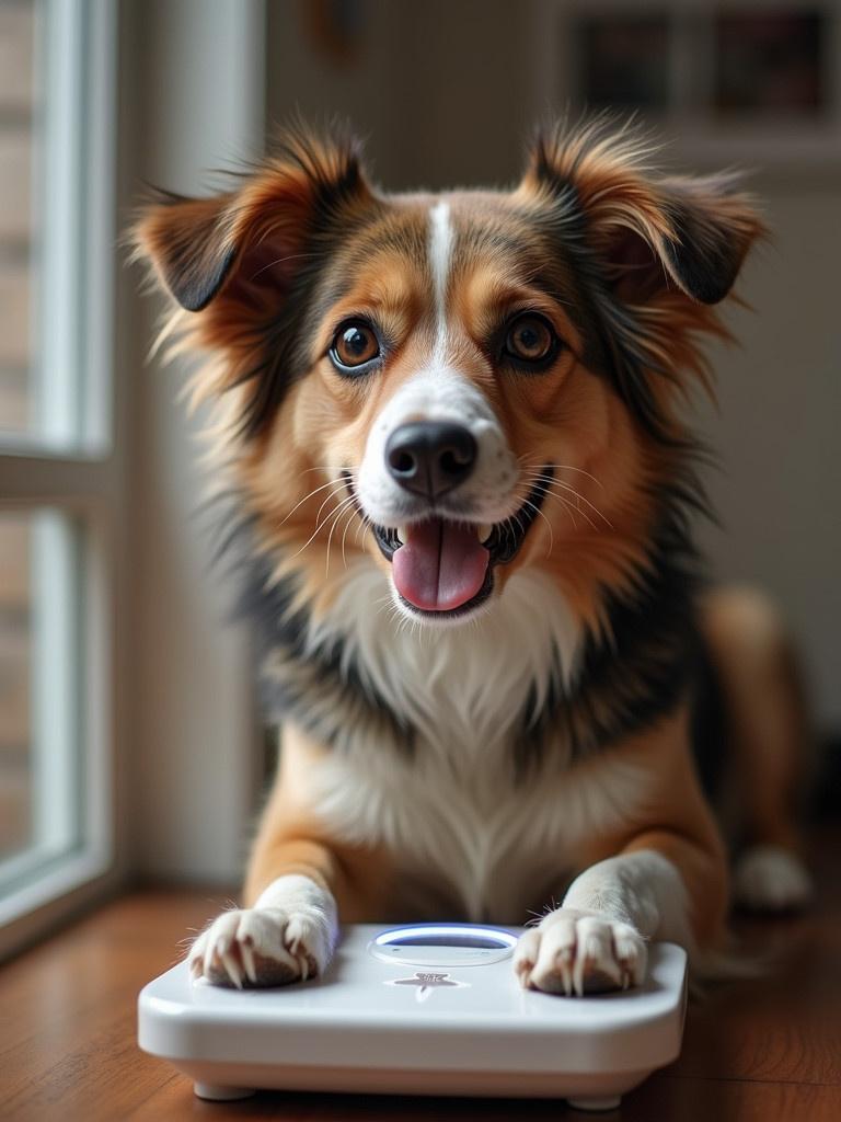 Dog using a weight monitoring device on a wooden floor by the window. The dog is sitting and looking curious about the device. Soft natural light is illuminating the scene.