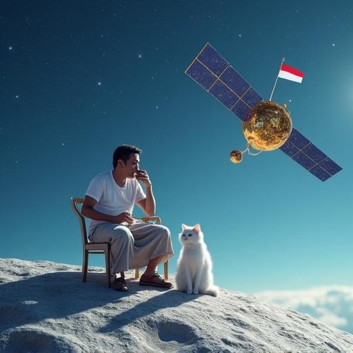 Indonesian man in white t-shirt and sarong drinks coffee at table. White Persian cat sitting beside him. Beautiful moon planet surroundings. Bright blue sky with sparkling stars. Satellite with logo 'Garuda 1' and red and white flag flying by.