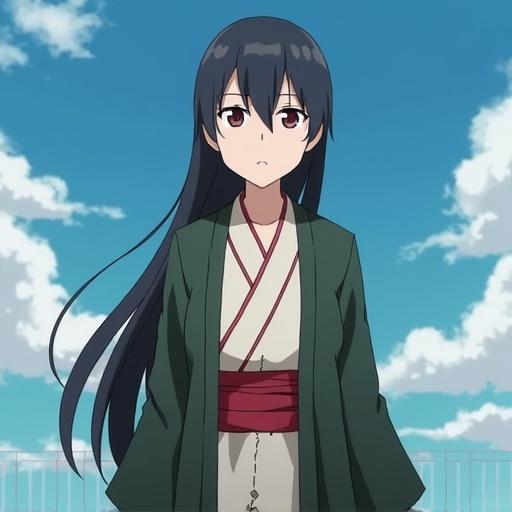 Anime character named Himawari from Boruto standing outdoors. She looks serious and is wearing traditional clothing. Long black hair and red accent. Clear blue skies in the background.