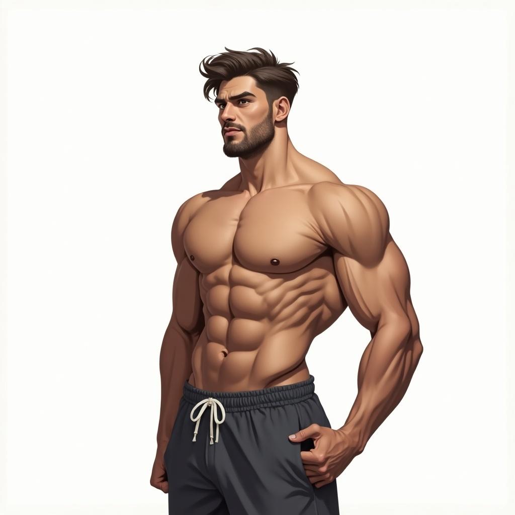 This image depicts a muscular male figure illustrated in 2D. He is standing in a relaxed posture, emphasizing his well-defined physique, which is suitable for drawing reference. The character has a strong jawline and styled hair, contributing to a modern and attractive appearance. He is dressed in casual shorts, showcasing his toned abs and arms. The clean, minimalist background highlights the figure's muscles and makes it ideal for artists looking for reference material.