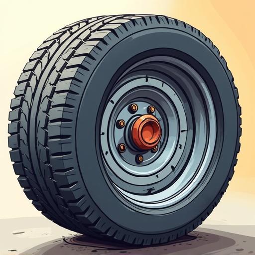 Cartoon style image of a dismantled car wheel. The wheel features visible treads and a central hub. Simple background enhances focus on the wheel. Vibrant colors used.