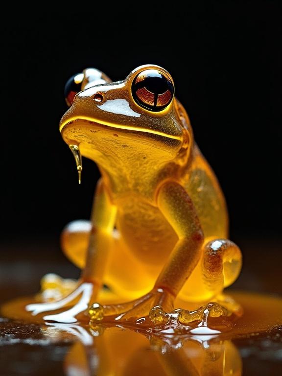 A hyper-realistic photo features a clear frog resembling honey. Drips of honey fall off the frog. The frog sits on a glass surface. The background is completely black.