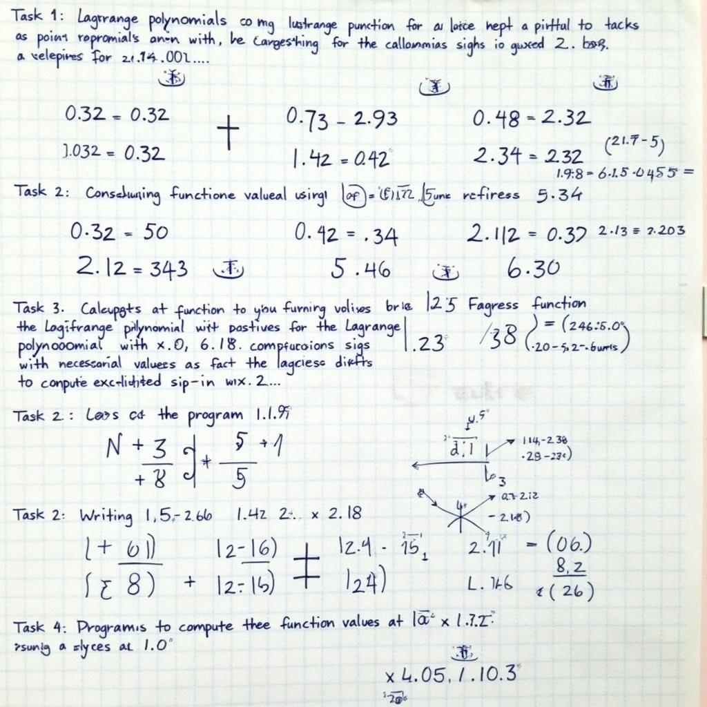 Handwritten notes on graph paper showing solutions to Lagrange polynomial tasks. Contains calculations for various data points. Includes a program to compute function values using Lagrange polynomial. Clear step-by-step explanations. Emphasizes student learning in mathematics.