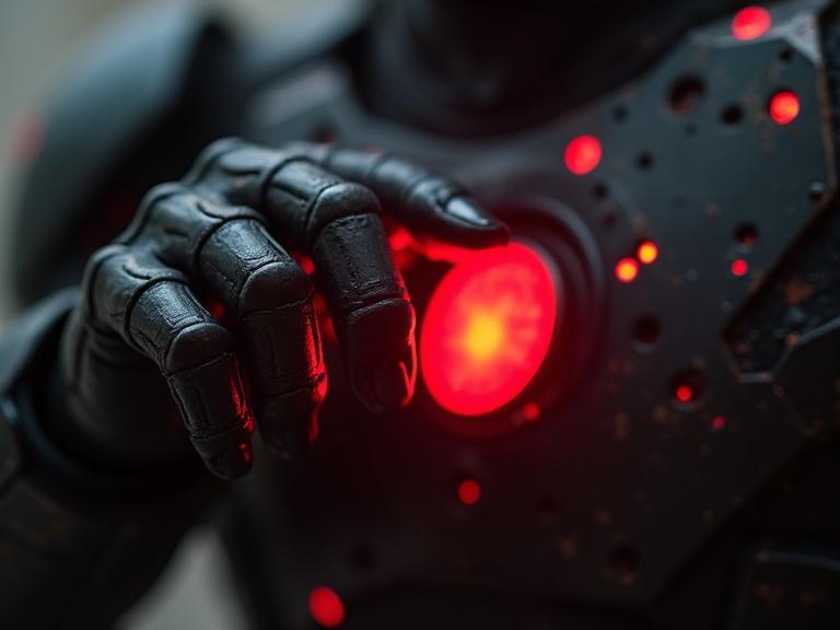 Close-up of an armored hand pressing a glowing red button. Red glows highlight the scene. Heavy mechanical sound is triggered. Tension builds in slow motion.