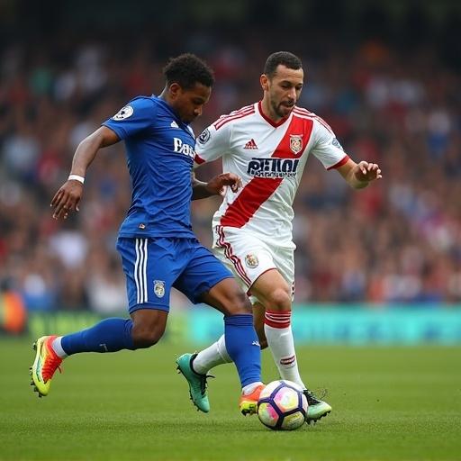 Two soccer players competing for the ball on the field. One player is in a blue jersey and the other in a red and white jersey. The blue jersey player appears to be losing balance and falling. Captures the intensity of the match.