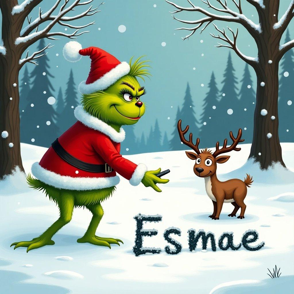 The Grinch with green fur is in a Santa outfit. He writes the name Esmae in the snow. There are trees and a reindeer nearby.