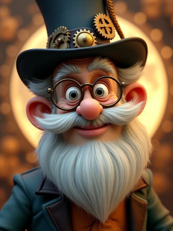 Close-up portrait of a whimsical cartoon style professor. Character has expressive features with round spectacles. Professor shows thick white beard and wild eyebrows. He wears tall gear-decorated top hat. Background shows softly blurred glowing gears and a golden halo. High detail on facial features. Warm lighting highlights character's personality.
