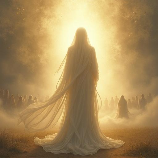 A veiled woman stands quietly in a glowing light. She represents the Bride. A radiant male figure symbolizes Christ in the background. The scene has a dreamy landscape with soft heavenly tones. Groups of people are in the distance, some facing the light. The style is mystical and spiritual.