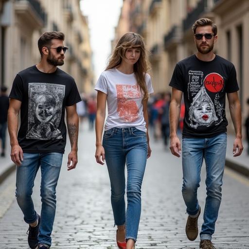 Models walk casually along vibrant urban streets in daytime light. Each model wears a unique printed T-shirt paired with casual jeans. The scene captures the essence of street fashion and combines style with a lively atmosphere.