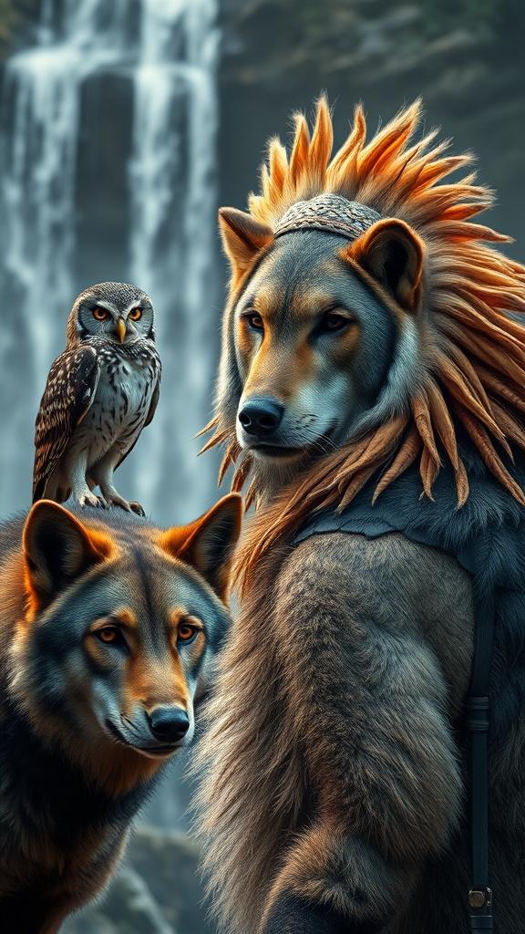 Two majestic wolves and a wise owl pose solemnly in front of a cascading waterfall, embodying the spirit of the wild.