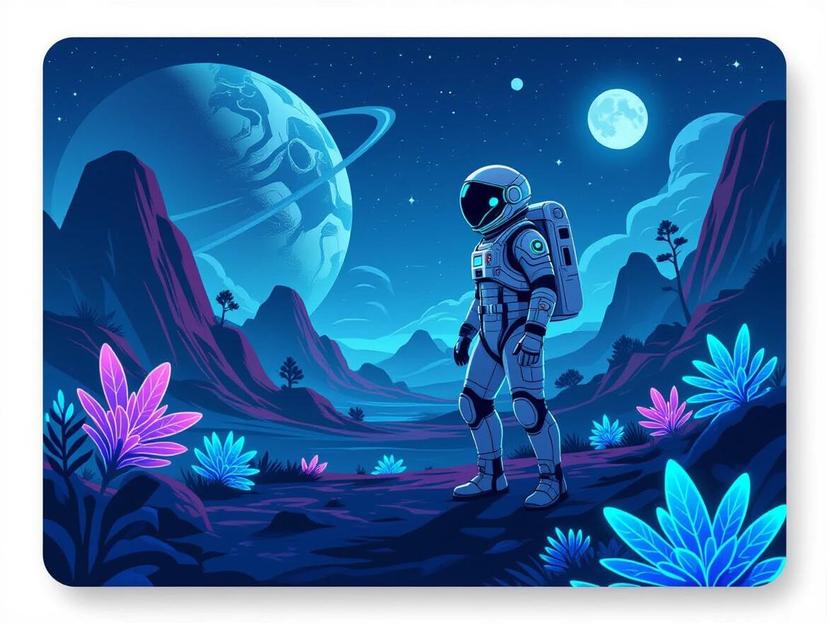 Design features a futuristic astronaut exploring an alien planet filled with bioluminescent flora. The scene includes a distant planet with rings and a vibrant night sky illuminated by a large moon. The landscape shows dynamic mountain formations and colorful glowing plants.
