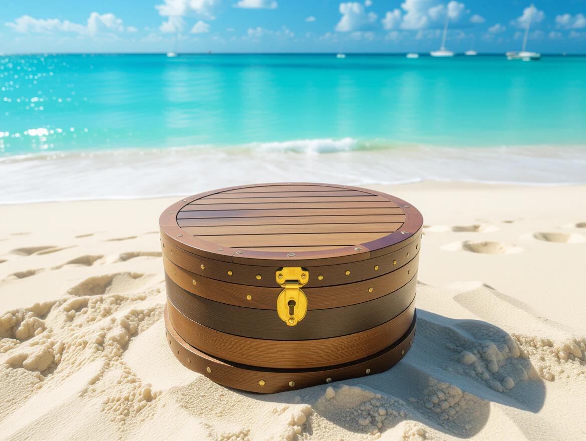 Wooden chest with a round lid placed on sandy beach. The chest is viewed strictly from above. Turquoise ocean and blue sky are in the background.