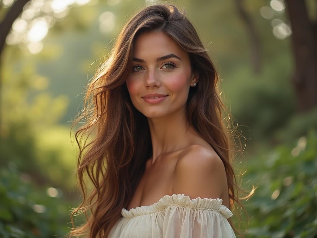 A stunning model stands confidently against a serene natural backdrop, exuding an air of poise. She has long, flowing hair that catches the soft light, highlighting her striking features. The scene is captured in a realistic oil painting style reminiscent of John Singer Sargent or Edgar Degas. The model's relaxed posture and gentle smile create an inviting atmosphere, making the viewer feel a sense of calm. Soft, diffused lighting accentuates her flawless skin, enhancing the lifelike detail of the portrait.