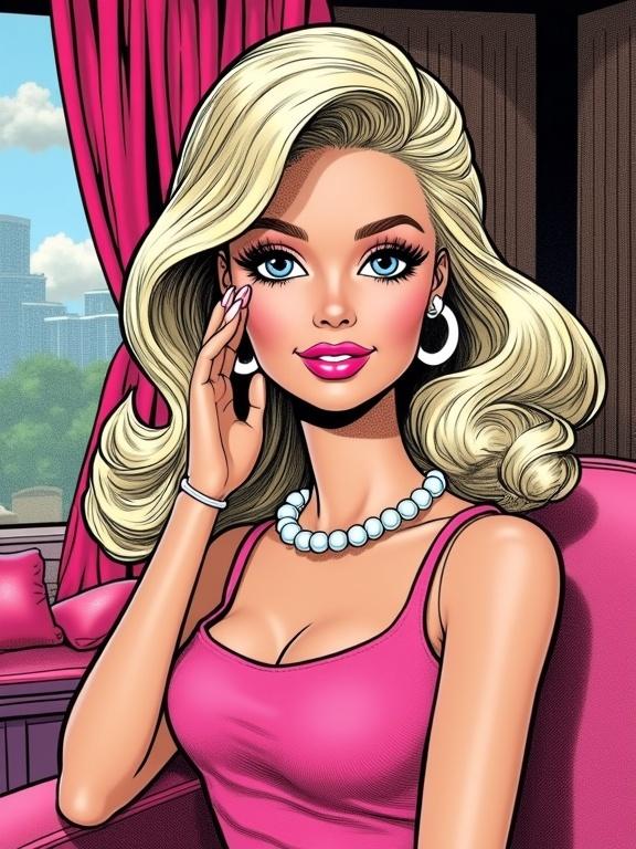 High-end beauty portrait in classic comic book style featuring a classic Barbie doll. Iconic look includes long false eyelashes and bold pink lipstick. Illustration captures flowing platinum blonde hair styled in signature waves. Pink sleeveless top with pearl jewelry. Highlights and shadows create dramatic depth. Interior features pink furniture with Barbie Dream House details. Composition reflects bold comic aesthetics with vibrant colors and precise lines.
