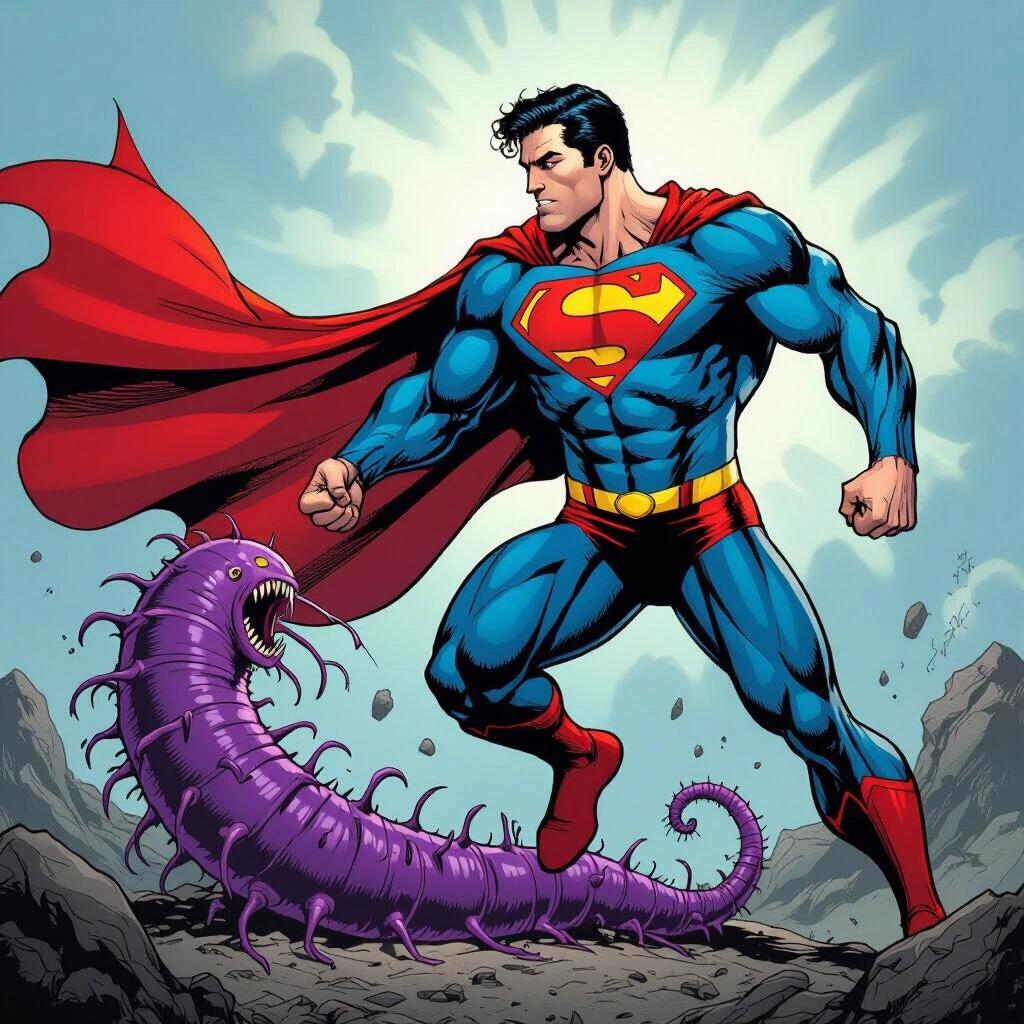 Superman in red briefs stands heroically fighting a purple parasite. Dramatic lighting enhances the action scene. The hero's cape flutters in the wind, highlighting his muscular build. The background features a rocky landscape.